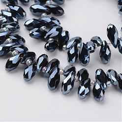 Prussian Blue Electroplate Glass Beads Strands, Top Drilled Beads, Faceted Teardrop, Prussian Blue, 9x4mm, Hole: 1mm, about 102pcs/strand, 13.3 inch