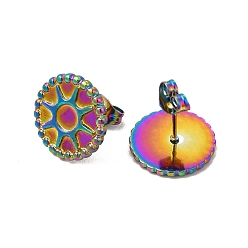 Rainbow Color Ion Plating(IP) 304 Stainless Steel Stud Earring Cabochon Settings, Flat Round with Sun, Rainbow Color, Tray: 4mm, 14mm, Pin: 0.8mm