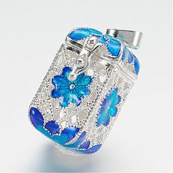 Silver Brass Prayer Box Pendants, with Enamel, Cuboid with Flower, Blue, Silver Color Plated, 28x18x14mm, Hole: 3.5x6mm