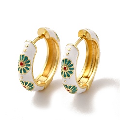 Ghost White Daisy Flower Enamel Hoop Earrings, Real 18K Gold Plated Brass Jewelry for Women, Lead Free & Cadmium Free, Ghost White, 19x4.5x19.5mm, Pin: 1mm