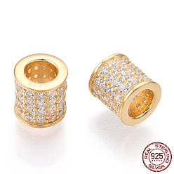 Real 18K Gold Plated 925 Sterling Silver Micro Pave Cubic Zirconia Beads, Column, Nickel Free, with S925 Stamp, Real 18K Gold Plated, 7x7mm, Hole: 3.7mm