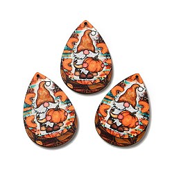Orange Single Face Printed Wood Big Pendants, Halloween Teardrop Charms, Orange, 54x36.5x2.6mm, Hole: 2mm