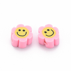 Pearl Pink Handmade Polymer Clay Beads, Flower with Smiling Face, Pearl Pink, 9~10x8~9x4~5mm, Hole: 1.4~1.6mm