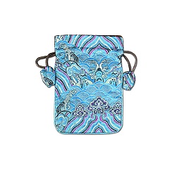 Светло-Голубой Тканевые сумки в китайском стиле с пейзажным принтом, мешочки на шнурке для хранения украшений, прямоугольные, Небесно-голубой, 15x10 см