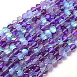 Blue Violet Synthetic Moonstone Beads Strands, Holographic Beads, Half AB Color Plated, Frosted, Round, Blue Violet, 6mm, Hole: 1mm, about 60pcs/strand, 15 inch