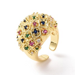 Real 18K Gold Plated Colorful Cubic Zirconia Dome Open Cuff Ring, Brass Wide Ring for Women, Real 18K Gold Plated, US Size 7 3/4(17.9mm)