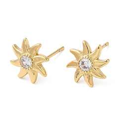 Real 18K Gold Plated Rack Plating Brass Sun Studs Earrings with Cubic Zirconia, Lead Free & Cadmium Free, Real 18K Gold Plated, 10x10mm