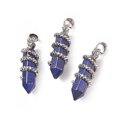 Lapis Lazuli Natural Lapis Lazuli Double Terminal Pointed Pendants, Faceted Bullet Charms with Antique Silver Tone Alloy Dragon Wrapped, 47x14.5x15mm, Hole: 7.5x6.5mm