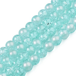 Pale Turquoise Translucent Crackle Glass Beads Strands, with Glitter Powder, Round, Pale Turquoise, 8x7.5mm, Hole: 1mm, about 100~105Pcs/strand, 31.50 inch~33.07 inch(80cm~84cm)