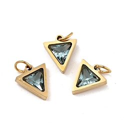 Cadet Blue Vacuum Plating 304 Stainless Steel Pendants, with Cubic Zirconia and Jump Rings, Single Stone Charms, Triangle, Golden, Cadet Blue, 11x9.5x3mm, Hole: 3.6mm