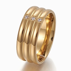 Golden 304 Stainless Steel Finger Rings, Wide Band Ring, with Rhinestone, Crystal, Size 6~10, Golden, 16~20mm
