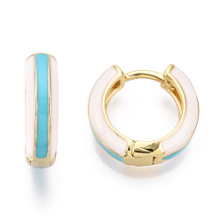 Dark Turquoise Brass Huggie Hoop Earrings, with Two Tone Enamel, Real 18K Gold Plated, Dark Turquoise, 15x16.5x5mm, Pin: 1x1mm