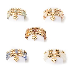 Mixed Stone 3Pcs 3 Style Natural Gemstone & Brass Beaded Finger Rings with 304 Stainless Steel Heart Charms for Women, US Size 7 1/2(17.7mm), 1Pc/style
