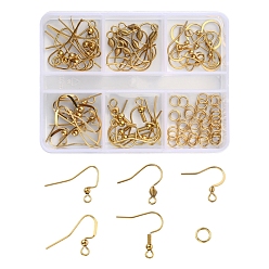 Golden 50Pcs 5 Style 304 Stainless Steel Earring Hooks, Ear Wire, with 50Pcs Jump Rings, Cadmium Free & Nickel Free & Lead Free, Golden, 16~21x17~22mm, Hole: 2mm, 21 Gauge, Pin: 0.7mm, 10pcs/style