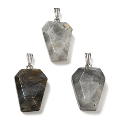 Labradorite Natural Labradorite Pendants, Faceted Hexagon Charms with Rack Plating Stainless Steel Color Plated 201 Stainless Steel Snap on Bails, Cadmium Free & Lead Free, 28.5~31x18~20x7~8mm, Hole: 3x8mm