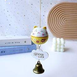 Gold Porcelain Maneki Neko Hanging Bell Wind Chimes Decor, Feng Shui Lucky Cat for Car Interiors Hanging Ornaments, Gold, 280mm