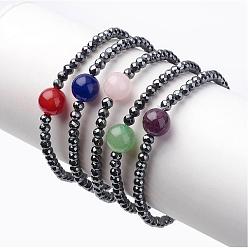 Mixed Stone Natural Gemstone Stretch Bracelets, with Non-Magnetic Synthetic Hematite Beads, 2-1/4 inch(56mm)