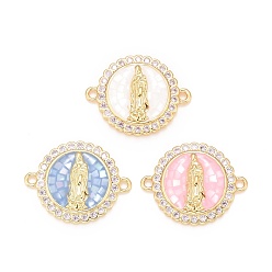 Colorful Brass Clear Cubic Zirconia Connector Charms, with Shell,  Real 18K Gold Plated, Lead Free & Cadmium Free, Flat Round with Virgin Mary, Colorful, 23x18x3mm, Hole: 1.6mm