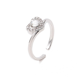 Platinum Clear Cubic Zirconia Heart Open Cuff Ring, Brass Jewelry for Women, Platinum, Inner Diameter: 18mm