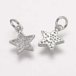 Real Platinum Plated Brass Micro Pave Grade AAA Cubic Zirconia Charms, Lead Free & Nickel Free & Cadmium Free, Star, Real Platinum Plated, 9x7.5x1.5mm, Hole: 2mm