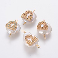 Balance Connecteurs de liens de perles naturelles, avec accessoires zircon cubique micro pave en laiton, plat rond avec constellation, or, couleur mixte, libra, 20~26x9~17x5~11mm, Trou: 1.6mm