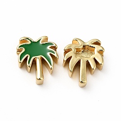 Green Rack Plating Brass Enamel Beads, Cadmium Free & Lead Free, Real 18K Gold Plated, Coconut Tree, Green, 13x11x4.5mm, Hole: 1.6mm