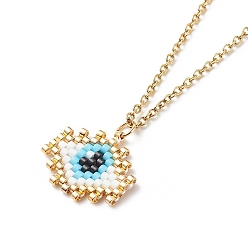 Golden Japanese Seed Braided Rhombus with Evil Eye Pendant Necklace with 304 Stainless Steel Chains for Women, Golden, 15.94 inch(40.5cm)