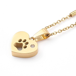 Golden 304 Stainless Steel Heart with Dog Paw Print Pendant Necklaces, with Rhinestone and Cable Chains, Golden, 17.32 inch(44cm)