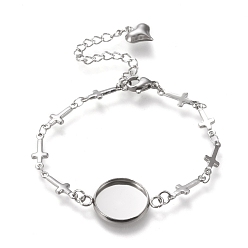 Stainless Steel Color 304 Stainless Steel Bracelet Making, with Lobster Claw Clasps, Cross Link Chains and Flat Round Cabochon Settings, Stainless Steel Color, Tray: 14mm, 6-1/4 inch(16cm)
