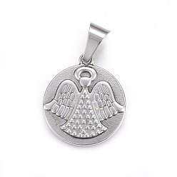 Stainless Steel Color 304 Stainless Steel Pendants, Flat Round with Angel, Stainless Steel Color, 28.5x25x3mm, Hole: 11x6mm