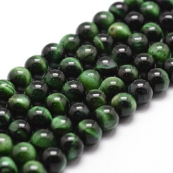 Green Natural Tiger Eye Bead Strands, Dyed & Heated, Round, Green, 10mm, Hole: 1mm, about 37pcs/strand, 14.9 inch~15.1 inch