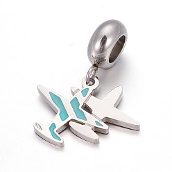 Medium Turquoise 304 Stainless Steel European Dangle Charms, with Enamel, Large Hole Pendants, Airplane, Stainless Steel Color, Medium Turquoise, 22mm, Hole: 4.5mm, Pendant: 12x17x1.3mm