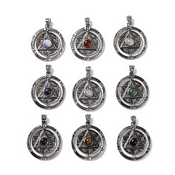Mixed Stone Natural & Synthetic Mixed Gemstone Pendants, Flat Round with Hexagram Charms, with Antique Silver Plated Alloy Findings, Mixed Dyed and Undyed, 42.5x37x8mm, Hole: 5.5x4mm