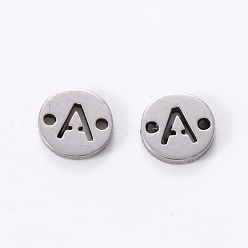 Letter A 201 Stainless Steel Links, Laser Cut, Flat Round with Letter, Letter.A, 6x6x1mm, Hole: 0.8mm
