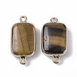 Tiger Eye Edge Golden Plated Natural Tiger Eye Links connectors, with Golden Tone Iron Loops, Rectangle, 26~27x13.5x6~7mm, Hole: 1.6~1.8mm