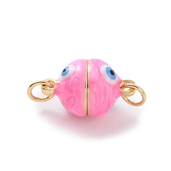 Hot Pink Brass Magnetic Clasps, with Enamel, Round with Evil Eye, Real 18K Gold Plated, Hot Pink, 16x10mm, Hole: 3mm