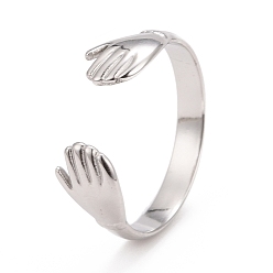 Stainless Steel Color 304 Stainless Steel Double Hand Hug Open Cuff Ring for Women, Stainless Steel Color, US Size 7 3/4(17.9mm)