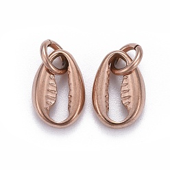 Rose Gold 304 Stainless Steel Charms, with Jump Ring, Cowrie Shell, Rose Gold, 11.5x7.7x3mm, Hole: 3.5mm
