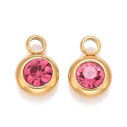 Rosa Revestimiento iónico (ip) 304 colgantes de acero inoxidable, con diamantes de imitación k, plano y redondo, rosa, 9 mm, agujero: 12x8x4 mm