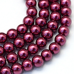 Violeta Rojo Medio Bicarbonato de vidrio pintado nacarado perla hebras grano redondo, rojo violeta medio, 6~7 mm, agujero: 1 mm, sobre 145 unidades / cadena, 31.4 pulgada