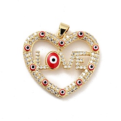 Red Rack Plating Brass Micro Pave Clear Cubic Zirconia Pendants, with Enamel, Cadmium Free & Lead Free, Heart with Evil Eye & Word Love, Real 18K Gold Plated, Red, 24.5x27x3.8mm, Hole: 3.3x3.7mm