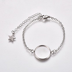 Stainless Steel Color 304 Stainless Steel Bracelet Making, with Lobster Claw Clasps, Cable Chains and Flat Round Cabochon Settings, Stainless Steel Color, Tray: 16mm, 5-5/8 inch(14.4cm)