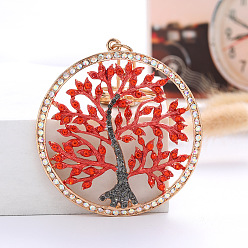 Citrine Rhinestone Flat Round with Tree of Life Pendant Keychain, with Alloy Findings, Red, 6.7x6.7cm