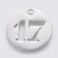 Number 304 Stainless Steel Pendants, Cut-Out, Hollow, Flat Round with Number, Stainless Steel Color, Num.17, 19x1.5mm, Hole: 2.5mm