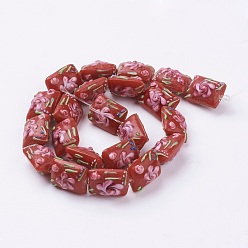 Brique Rouge Main cahoteuses chalumeau perles brins, rectangle avec fleur, firebrick, 17.5~18x14x11~13mm, Trou: 2mm