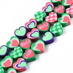 Medium Sea Green Handmade Polymer Clay Beads Strands, Heart with Word Love & Tartan Pattern, Medium Sea Green, 9~9.5x10~11x4~5mm, Hole: 1.5~1.8mm, about 40pcs/strand, 15.35 inch(39cm)