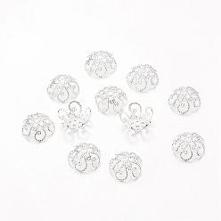 Silver 5-Petal Filigree Brass Bead Caps, Silver Color Plated, 10x4.5mm, Hole: 1mm
