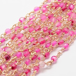 Deep Pink Faceted Round Natural Agate Handmade Beaded Chains, Unwelded, with Golden Brass Findings, Cadmium Free & Nickel Free & Lead Free, Deep Pink, 14.5x4mm