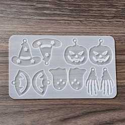 White DIY Halloween Theme Pendant Silicone Molds, Resin Casting Molds, for UV Resin & Epoxy Resin Jewelry Making, Hand Skeleton, Witch Hat, Pumpkin, Ghost, Mouth, White, 105x176x5mm, Hole: 3mm, Inner Diameter: 31~47x21~48mm