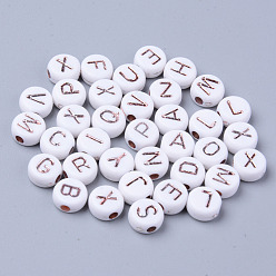 Rose Gold Plated Opaque White Acrylic Beads, Metal Enlaced, Horizontal Hole, Flat Round with Rose Gold Plated Random Letters, 7x3.5mm, Hole: 1.8mm, about 3700pcs/500g
